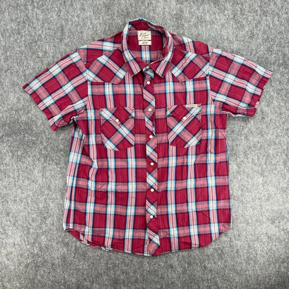 Lucky Brand Shirt Mens Large Red Plaid Short Sleeve Western Pearl Snap Cowboy